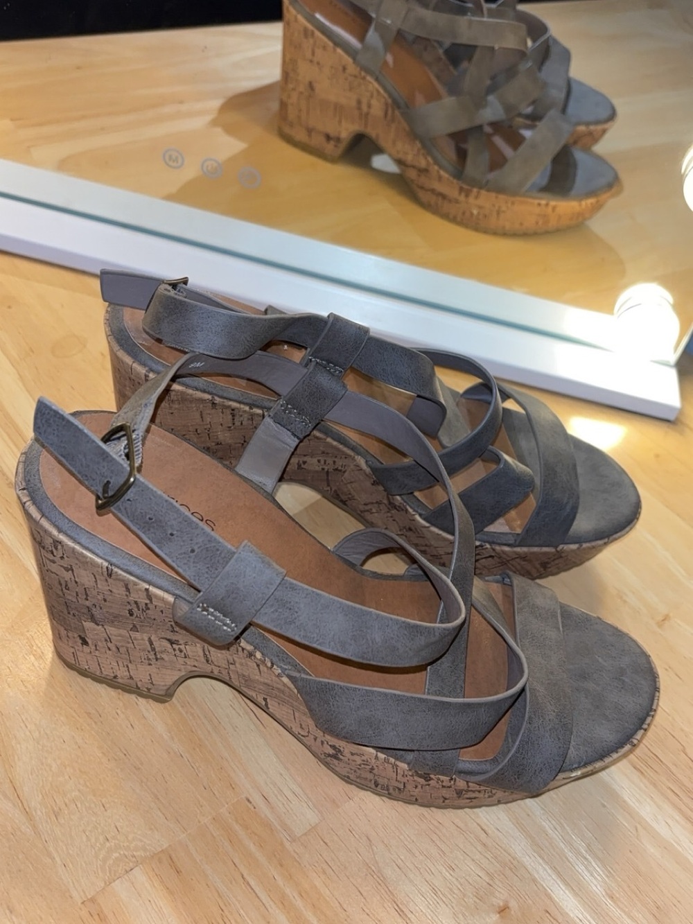 Maurices Gray Strappy Cork Wedge Sandals